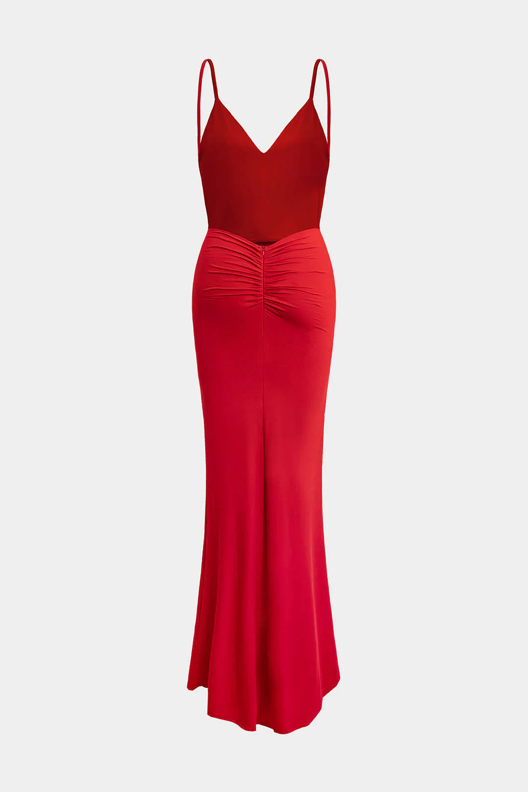 Solid V-Neck Ruched Backless Sleeveless Maxi Dress - Weenar