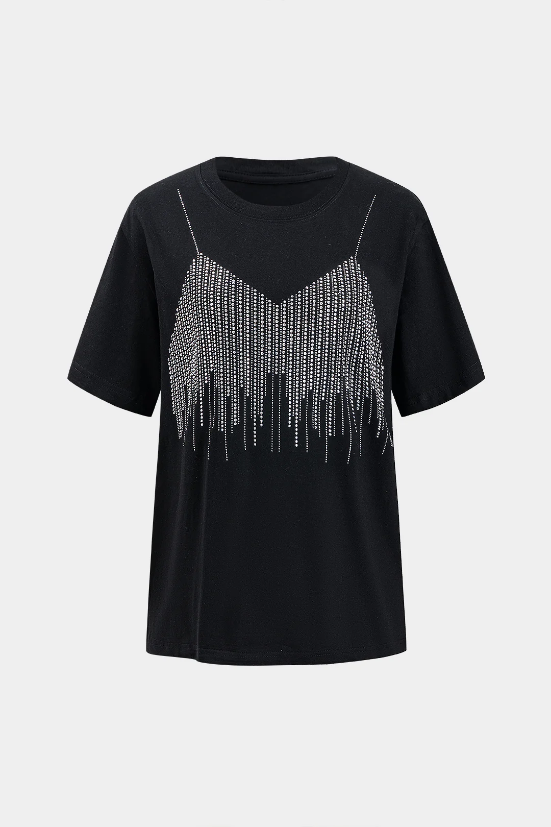 Rhinestone Decor Round Neck Short Sleeve T-Shirt - Weenar