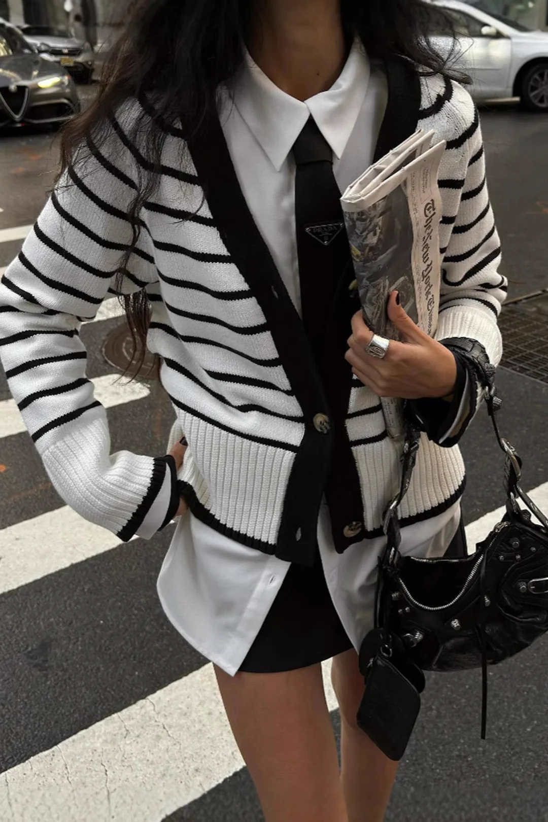 Knit Contrast Stripes Print V-Neck Button Cardigan - Weenar