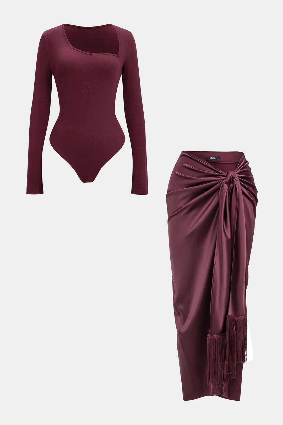 Solid Ruched Long Sleeve Bodysuit And Satin Knotted Wrap Skirt Set - Weenar