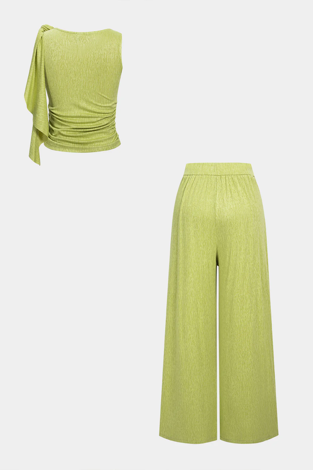 Round Neck Asymmetrical Ruched Tank Top And Knotted Wide Leg Pants Set - Weenar