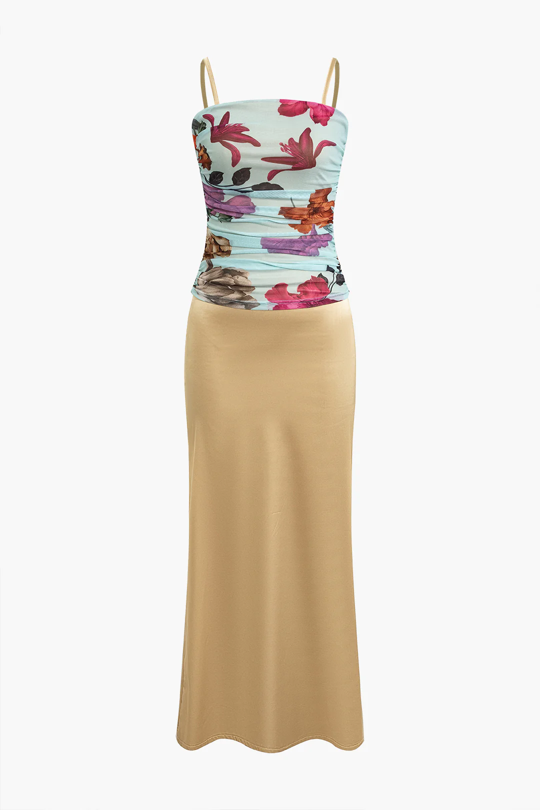 Satin Floral Print Ruched Patchwork Backless Slit Sleeveless Maxi Dress - Weenar