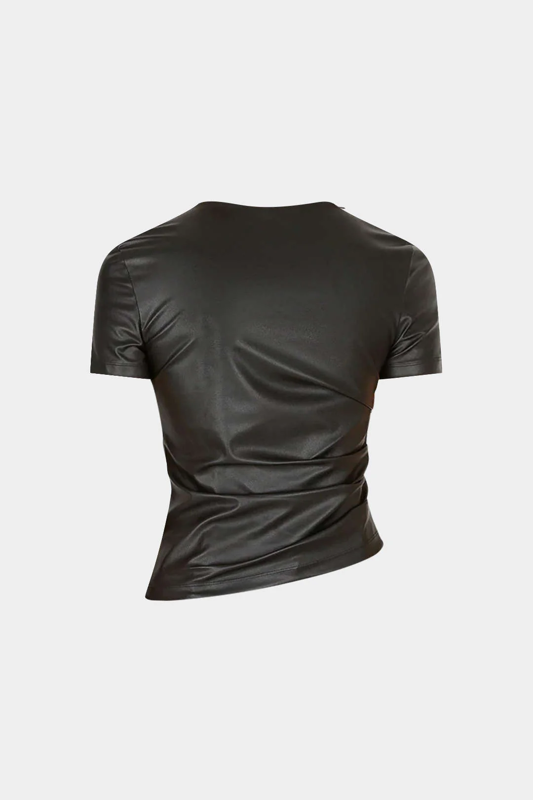 Faux Leather Round Neck Ruched Short-Sleeve Top - Weenar