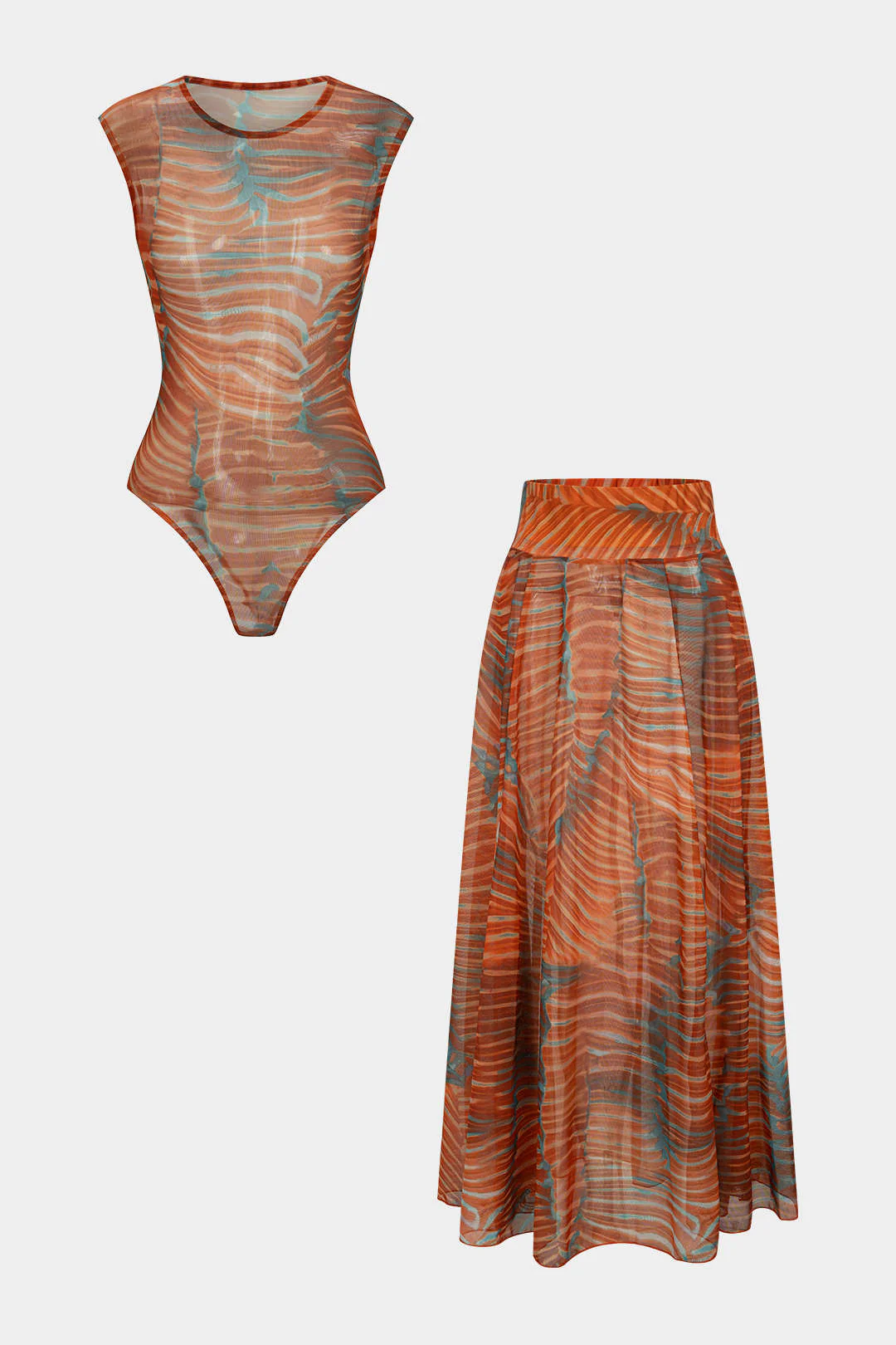 Abstract Print Mesh Sleeveless Bodysuit And Ruched Skirt Set - Weenar