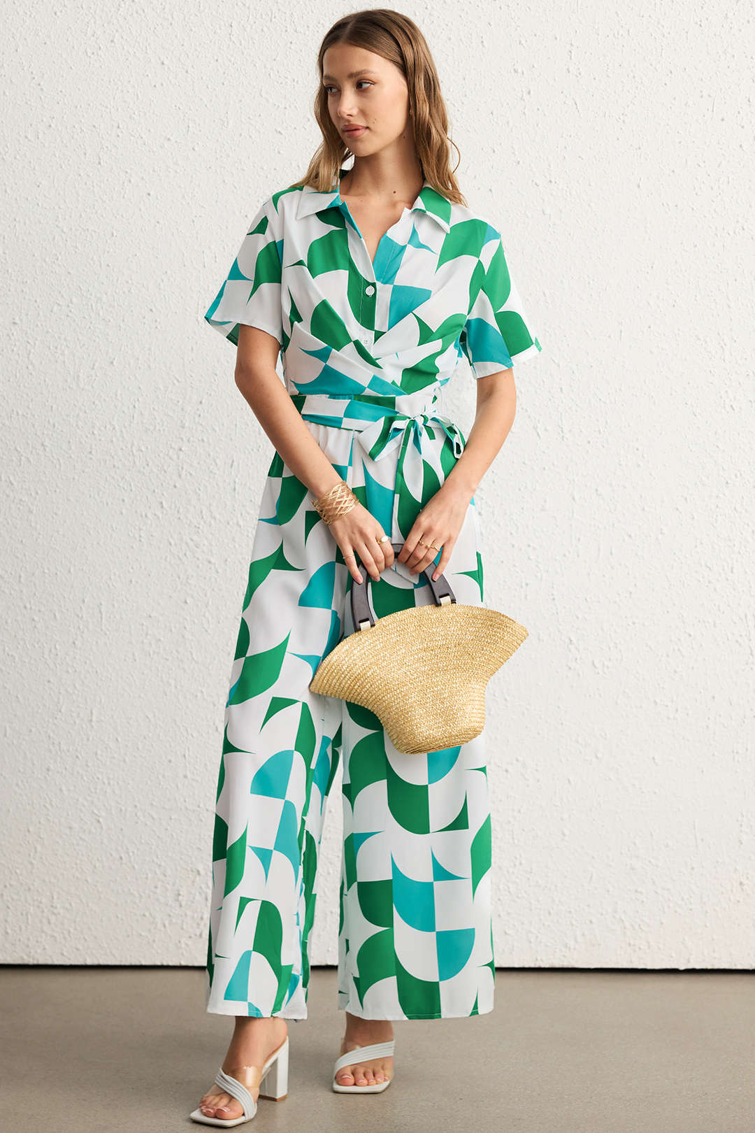 Contrast Geometric Print Lapel Tie-Up Short Sleeve Jumpsuit - Weenar