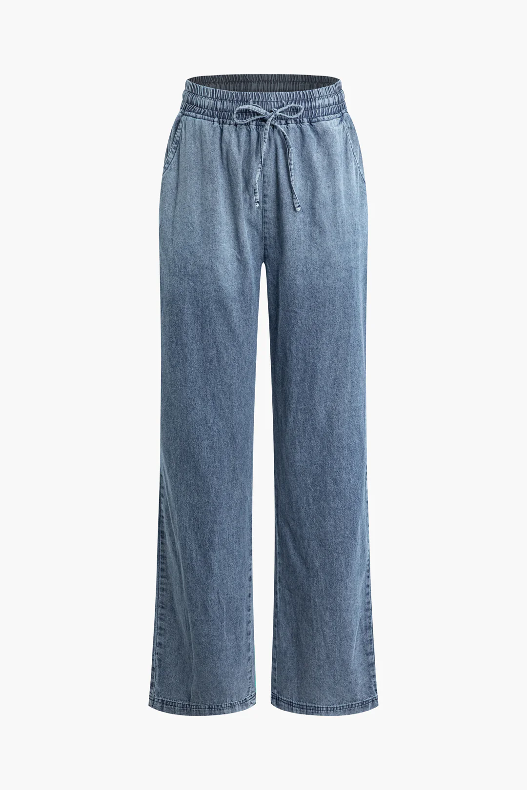 Denim Pocket Drawstring Tie Up Wide Leg Jeans - Weenar