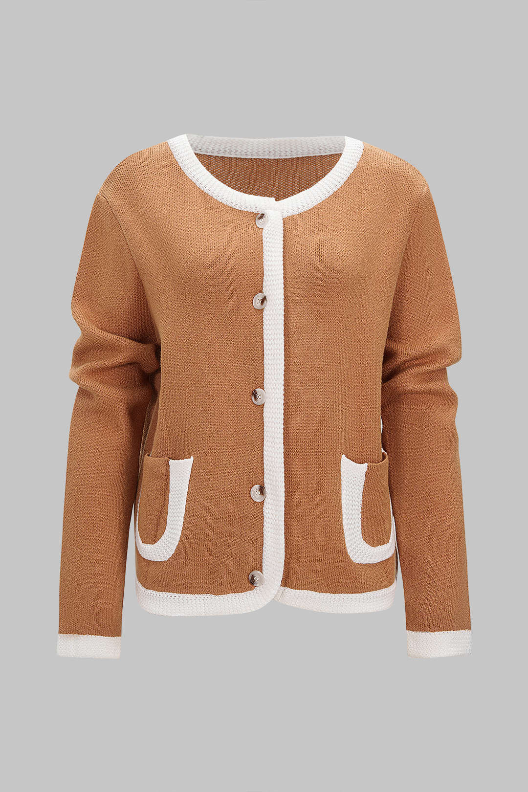 Knit Contrast Binding Round Neck Pocket Cardigan - Weenar