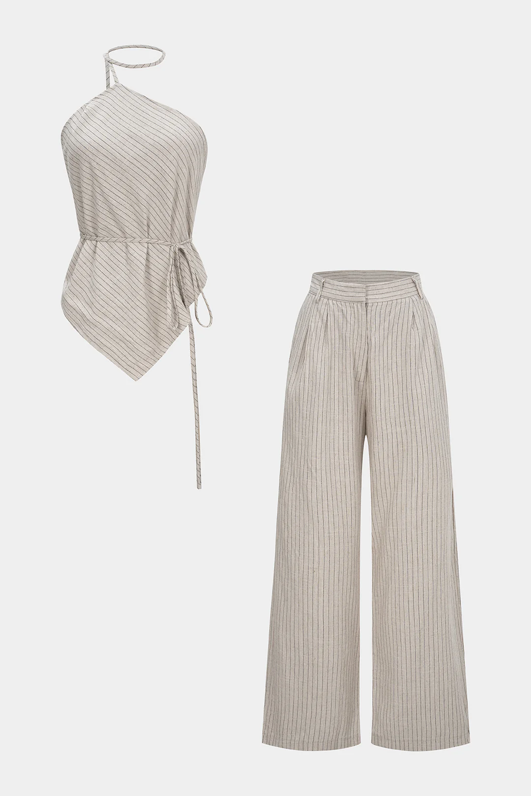 Stripes Print Halter Tie-Up Backless Top And Wide Leg Pants Set - Weenar