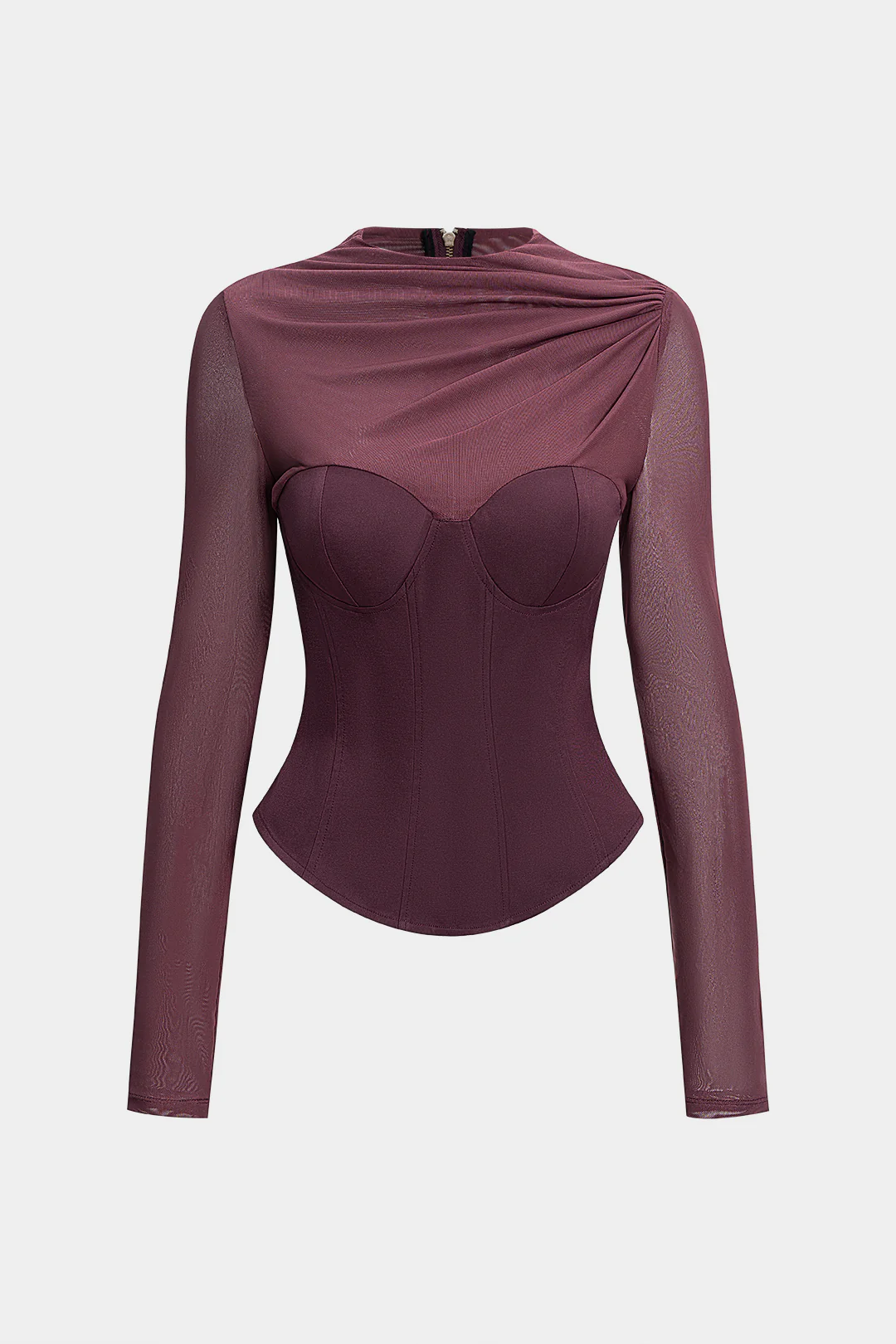 Mesh Patchwork Asymmetrical Ruched Long-Sleeve Top - Weenar