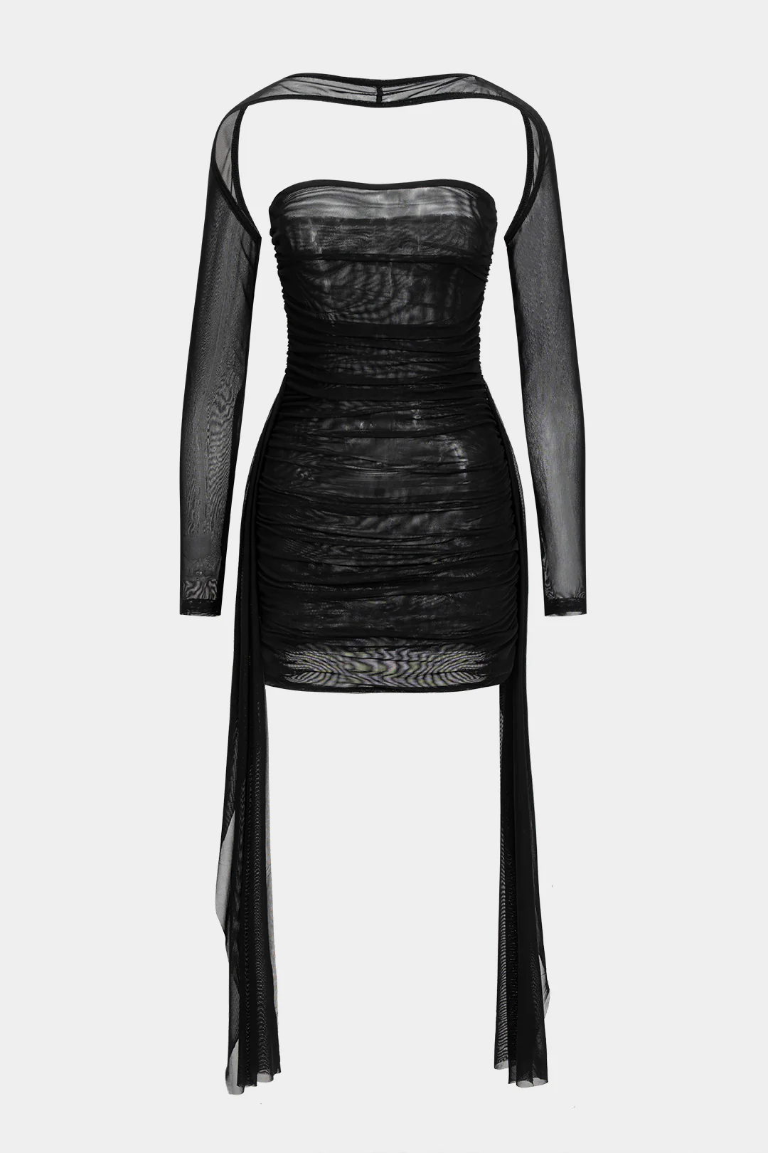 Sheer Mesh Ruched Strapless Midi Dress With Long Sleeve Overlay - Weenar