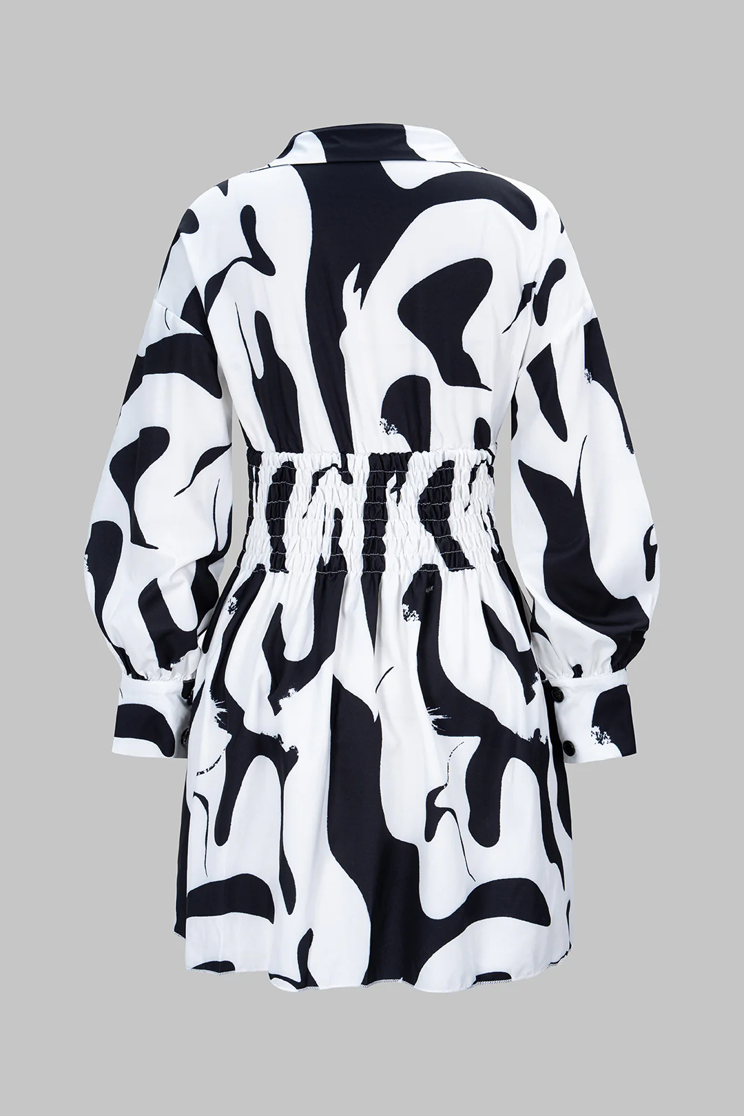 Geometric Print Polo Collar Waist-Cinching Long Sleeve Mini Dress - Weenar