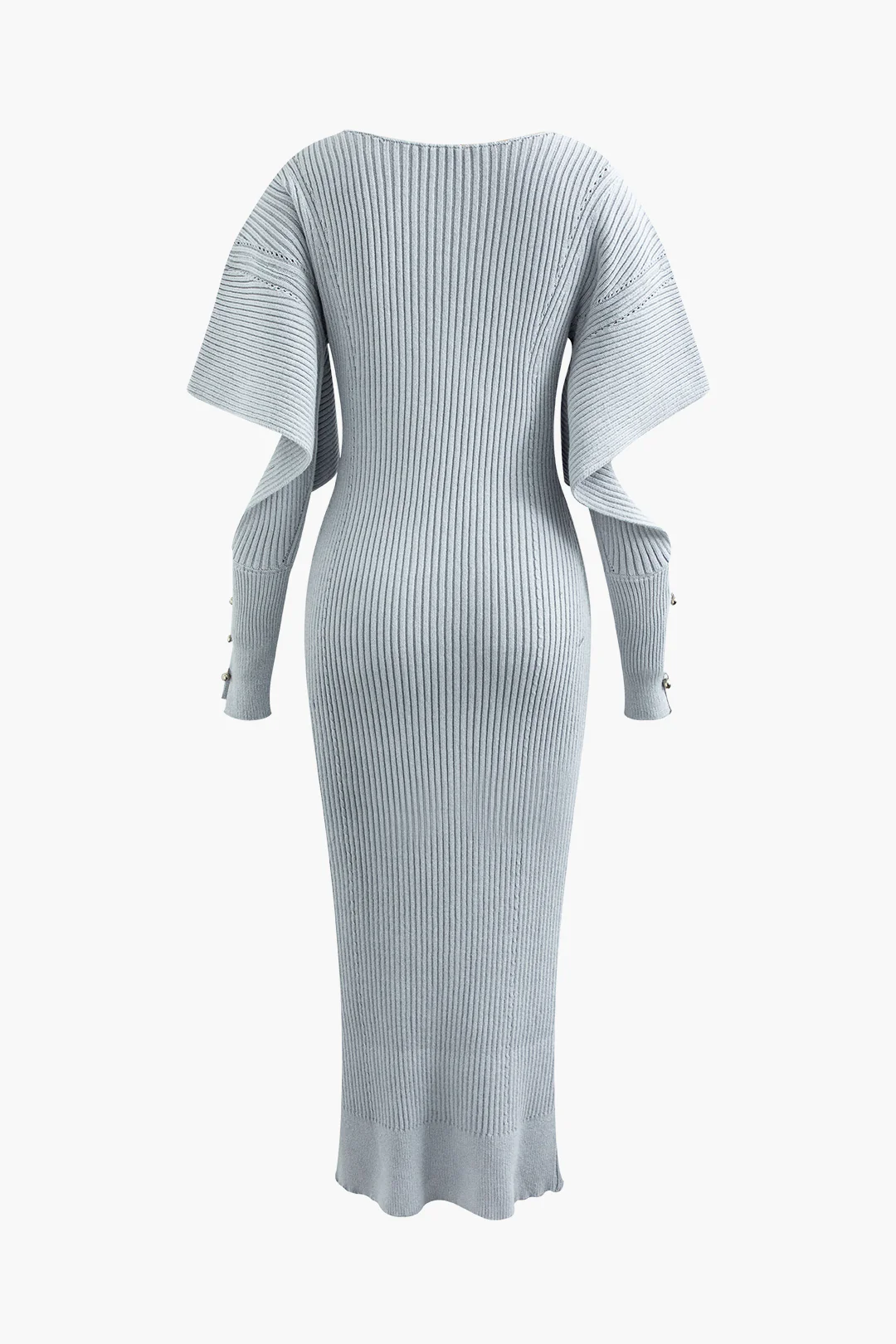 Knit Ribbed Button Cut Out Long Sleeve Dress - Weenar