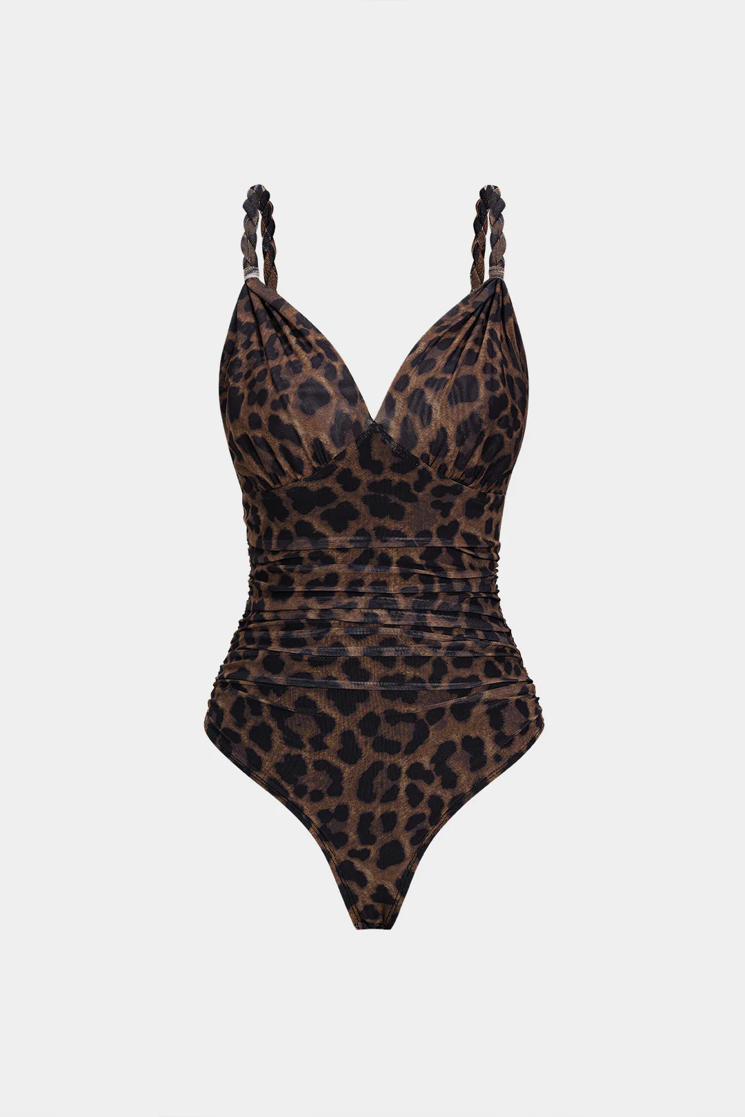 Leopard Print Mesh  V-Neck Ruched Twist Knot Slip Sleeveless Bodysuit - Weenar