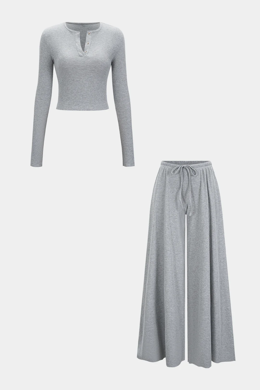 Solid Button Long-Sleeve Top And Drawstring Wide-Leg Pants Set - Weenar