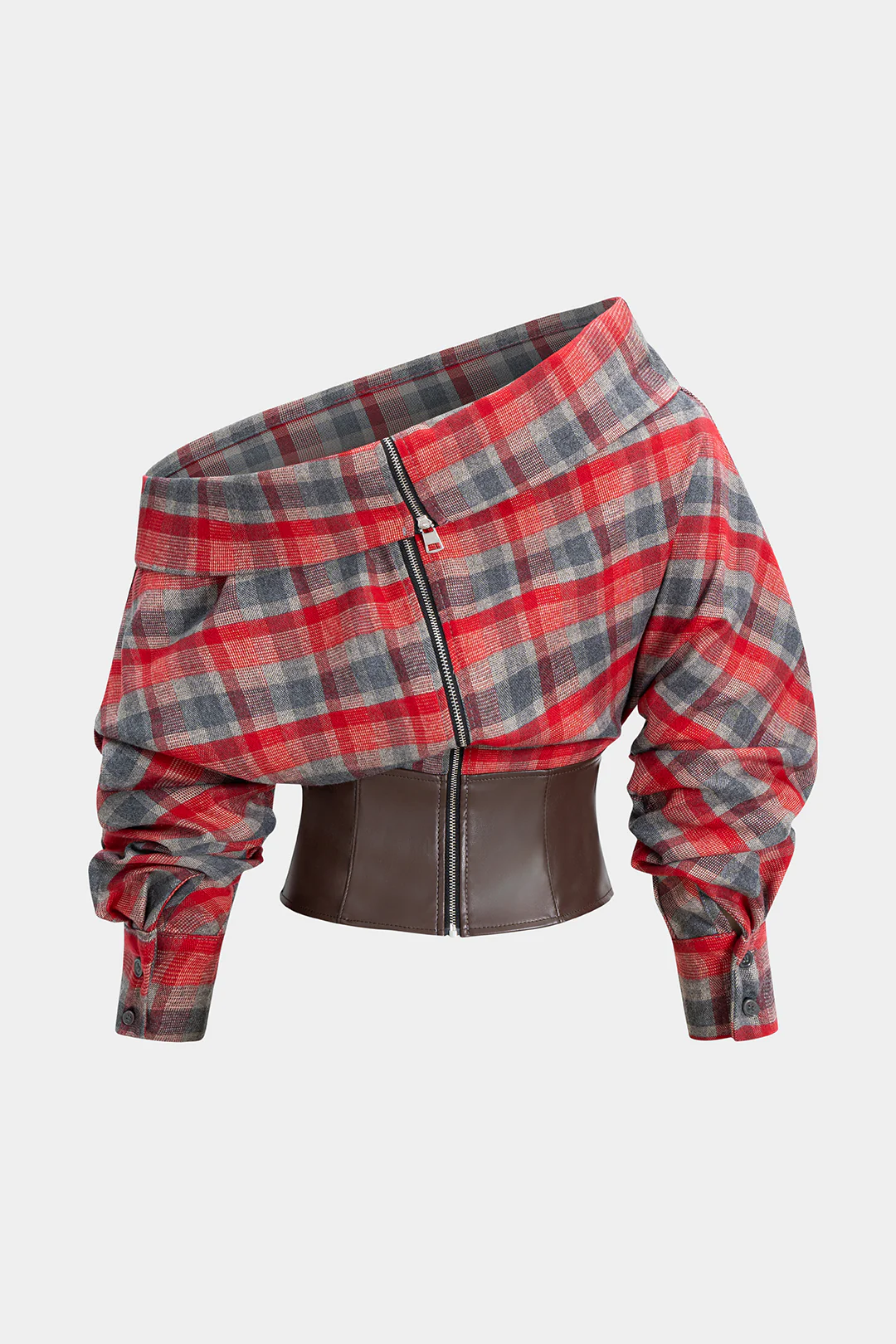 Plaid Print Faux Leather Asymmetrical Neck Long-Sleeve Shirt - Weenar