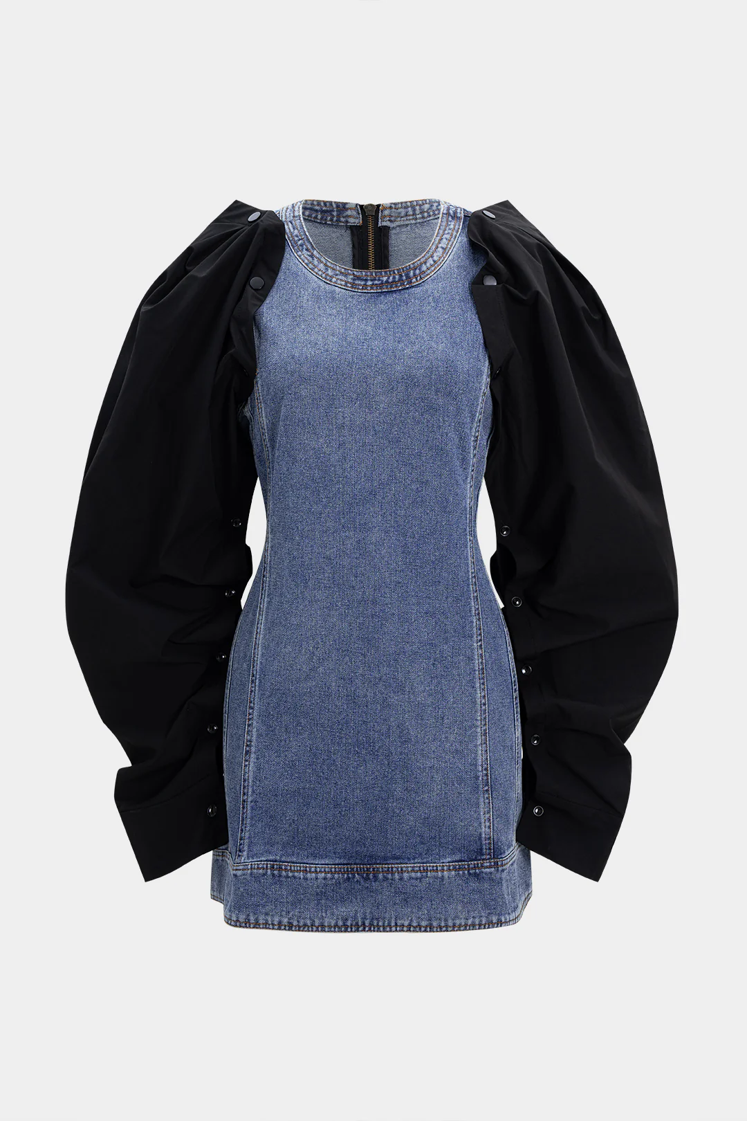 Denim Patchwork Round Neck Button Zipper Long-Sleeve Mini Dress - Weenar