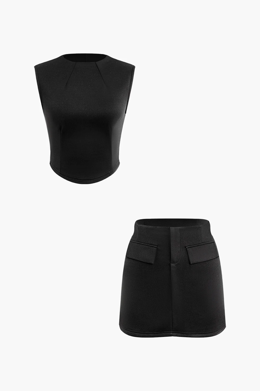 Solid Cami Top And Fake Pockets Skirt Set - Weenar