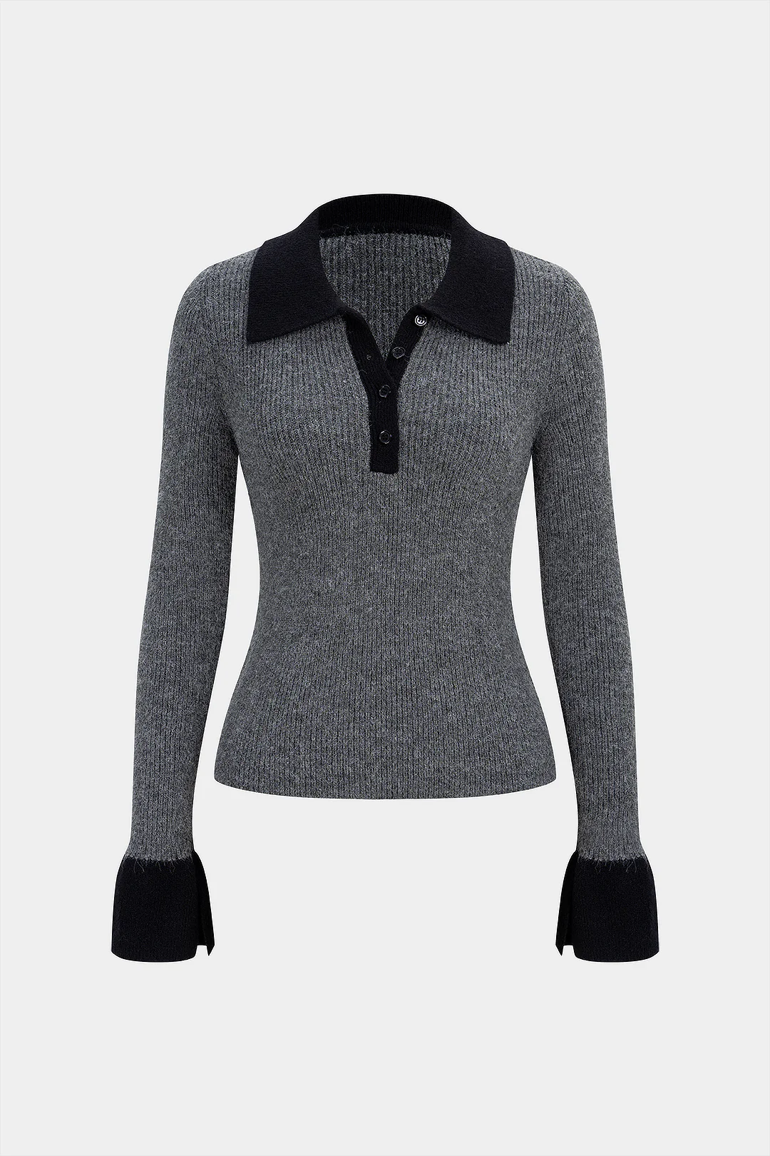 Knit Button Contrast Long-Sleeve Top - Weenar