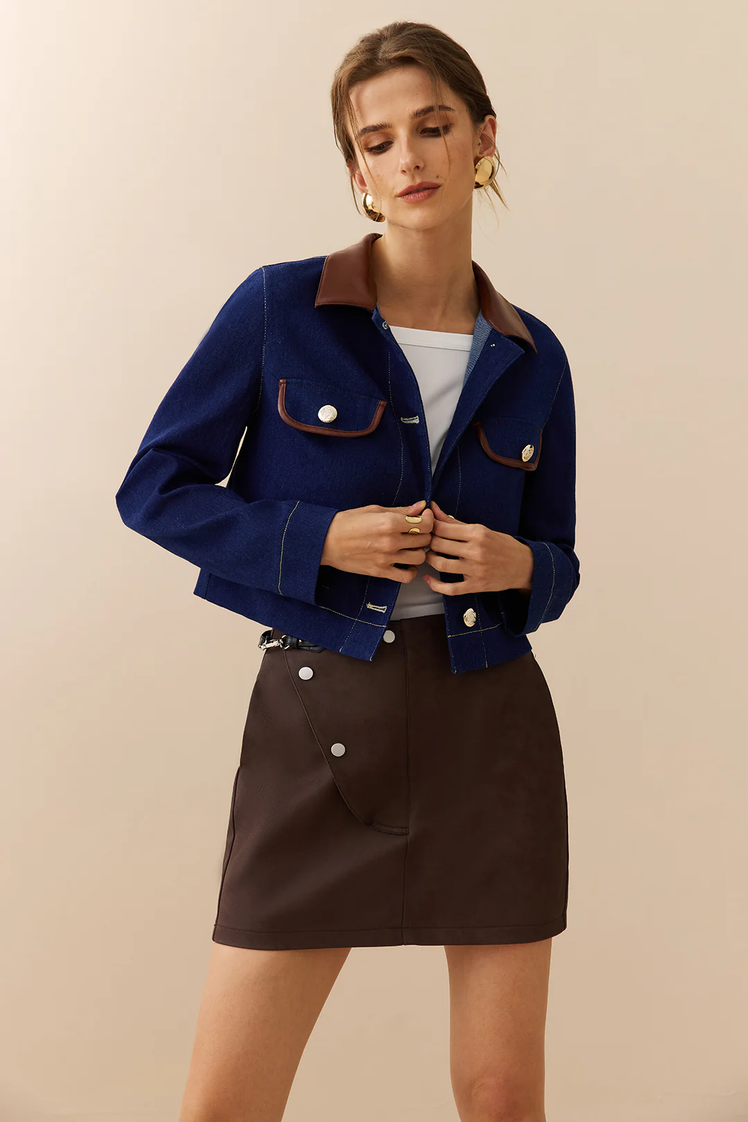 Denim Patchwork Button Pocket Outerwear - Weenar
