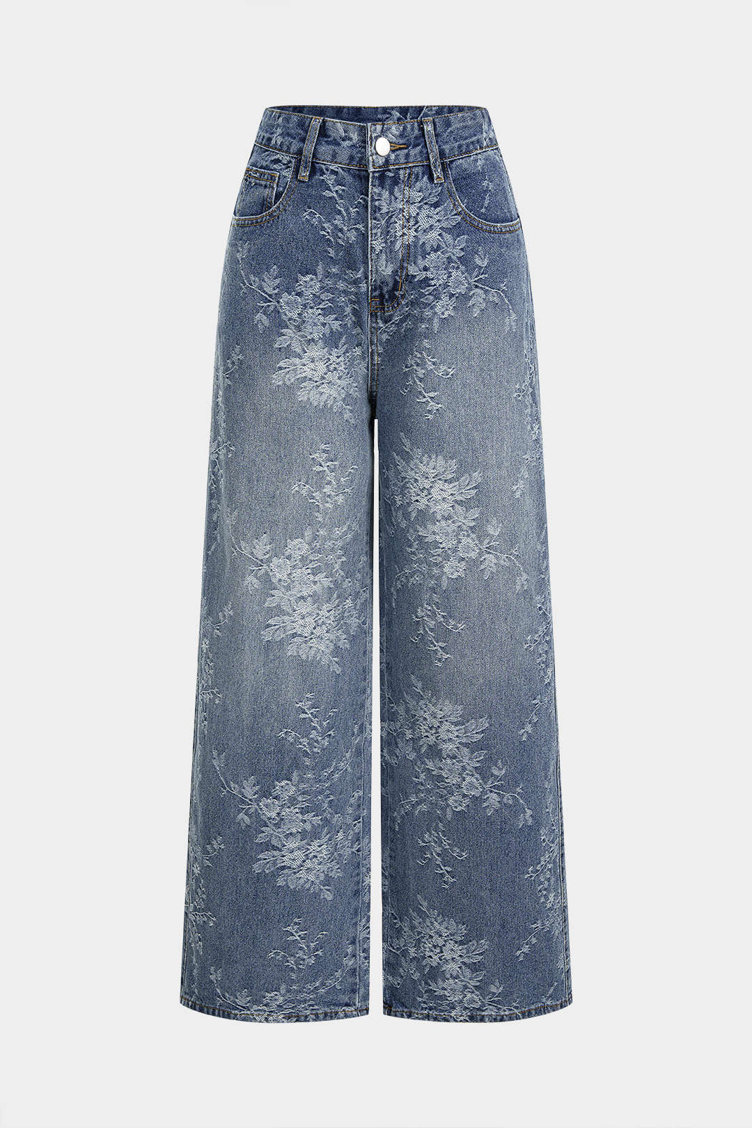Denim Floral High Waist Wide Leg Jeans - Weenar