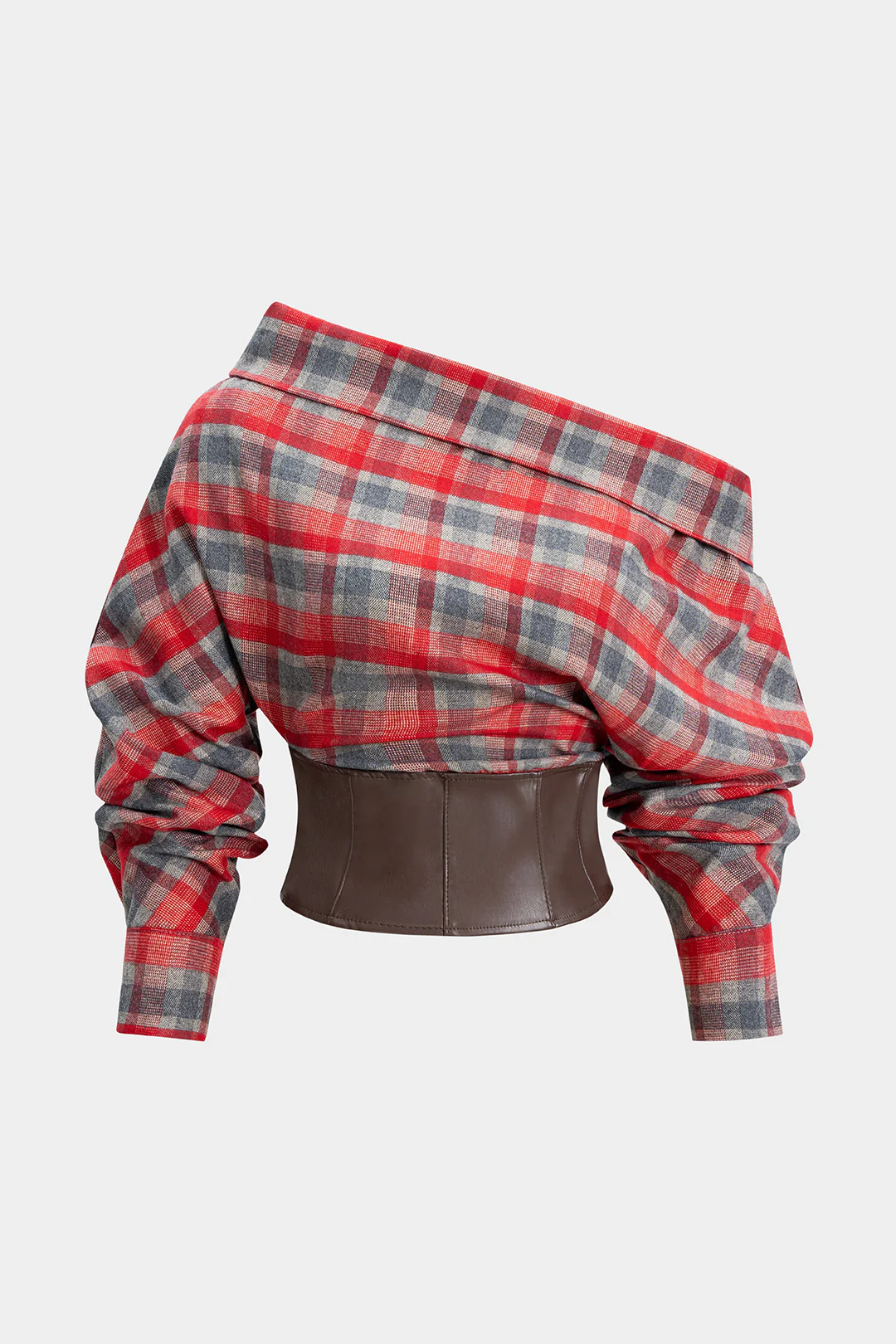 Plaid Print Faux Leather Asymmetrical Neck Long-Sleeve Shirt - Weenar
