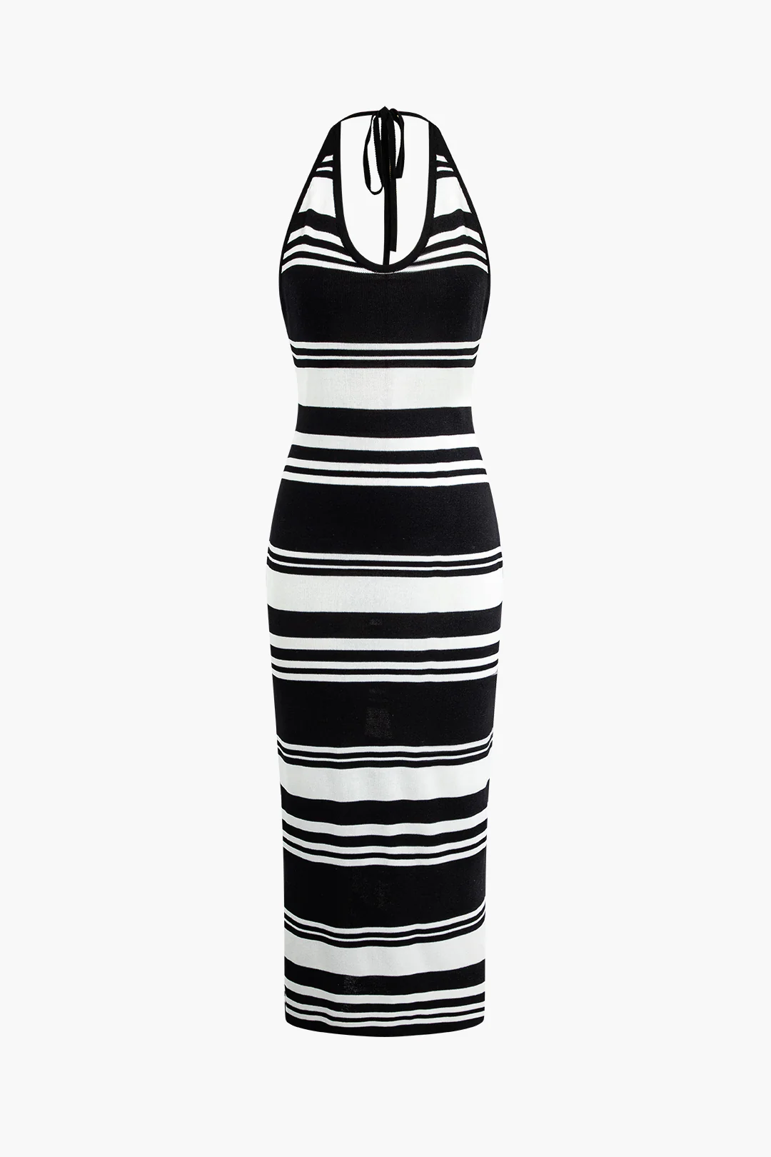 Knit Stripes Print Contrast Halter Neck Tie Up Backless Sleeveless Dress - Weenar