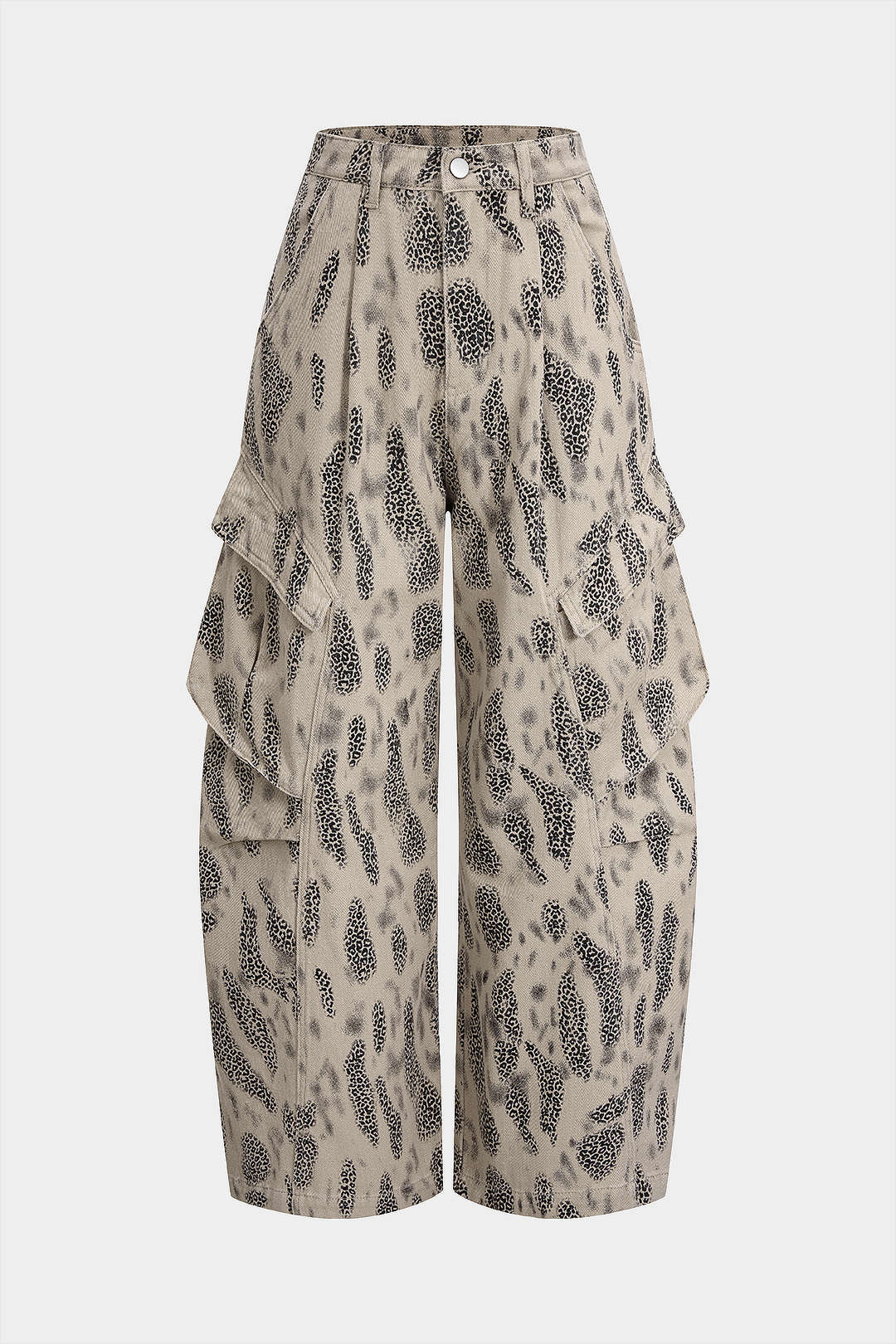 Denim Leopard Print Pleated Zipper Wide Leg Jeans - Weenar