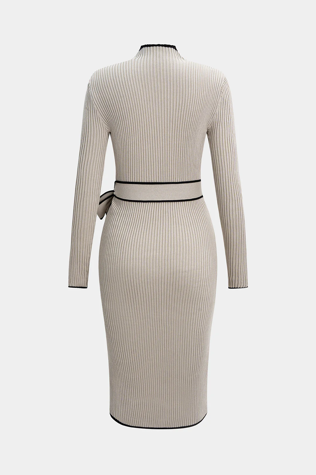 Knit Mock Neck Belted Long Sleeve Midi Dress - Weenar