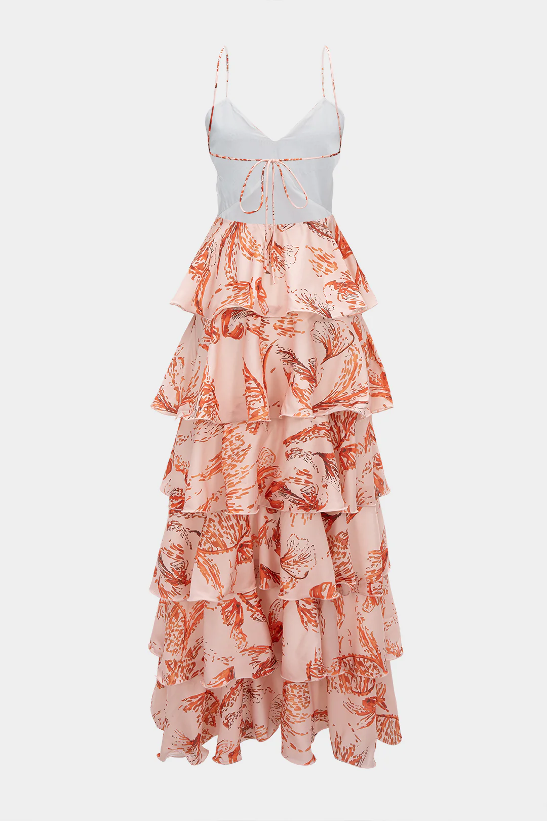 Butterfly Print Ruffle Rhinestone Tie-Up Backless Sleeveless Maxi Dress - Weenar