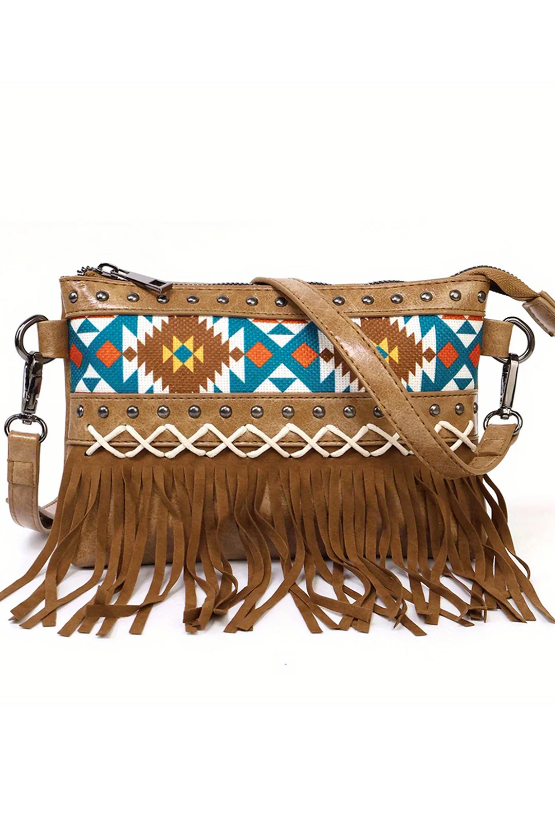 Retro Print Canvas Fringe Cross-Body Bag - Weenar