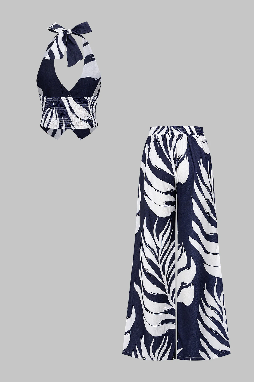 Contrast Leaves Print Halter V-Neck Tie-Up Top And Wide Leg Pants Set - Weenar