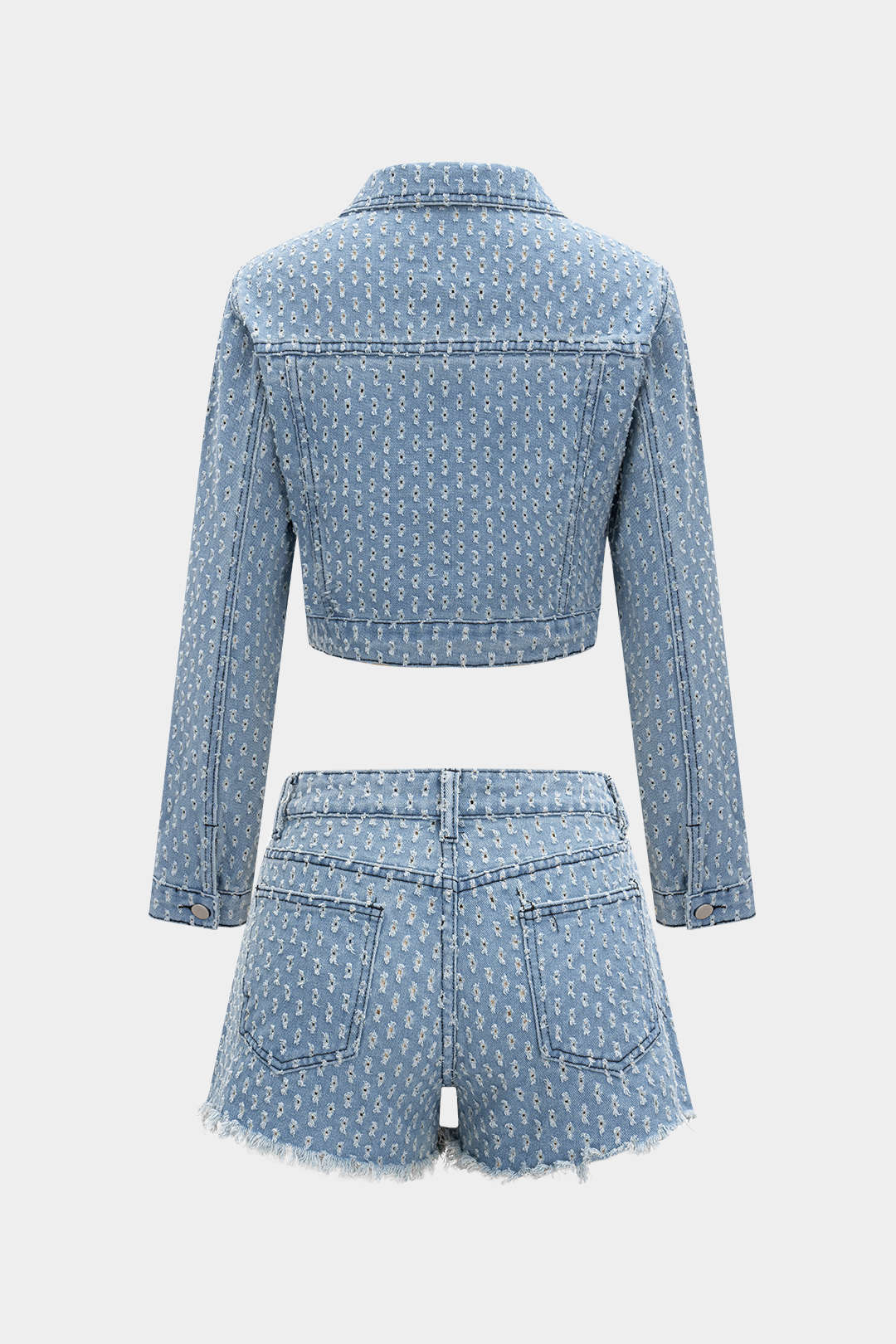 Denim Hollow Out Outerwear And Ripped Shorts Set - Weenar