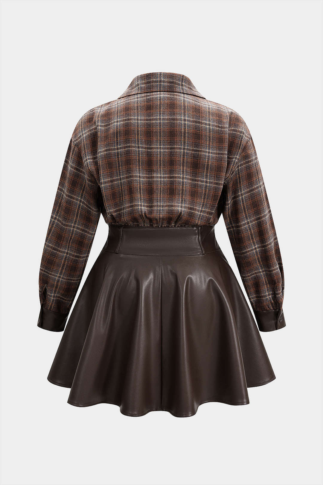 Plus Size Plaid Print Faux Leather Patchwork V-Neck Long Sleeve Mini Dress - Weenar