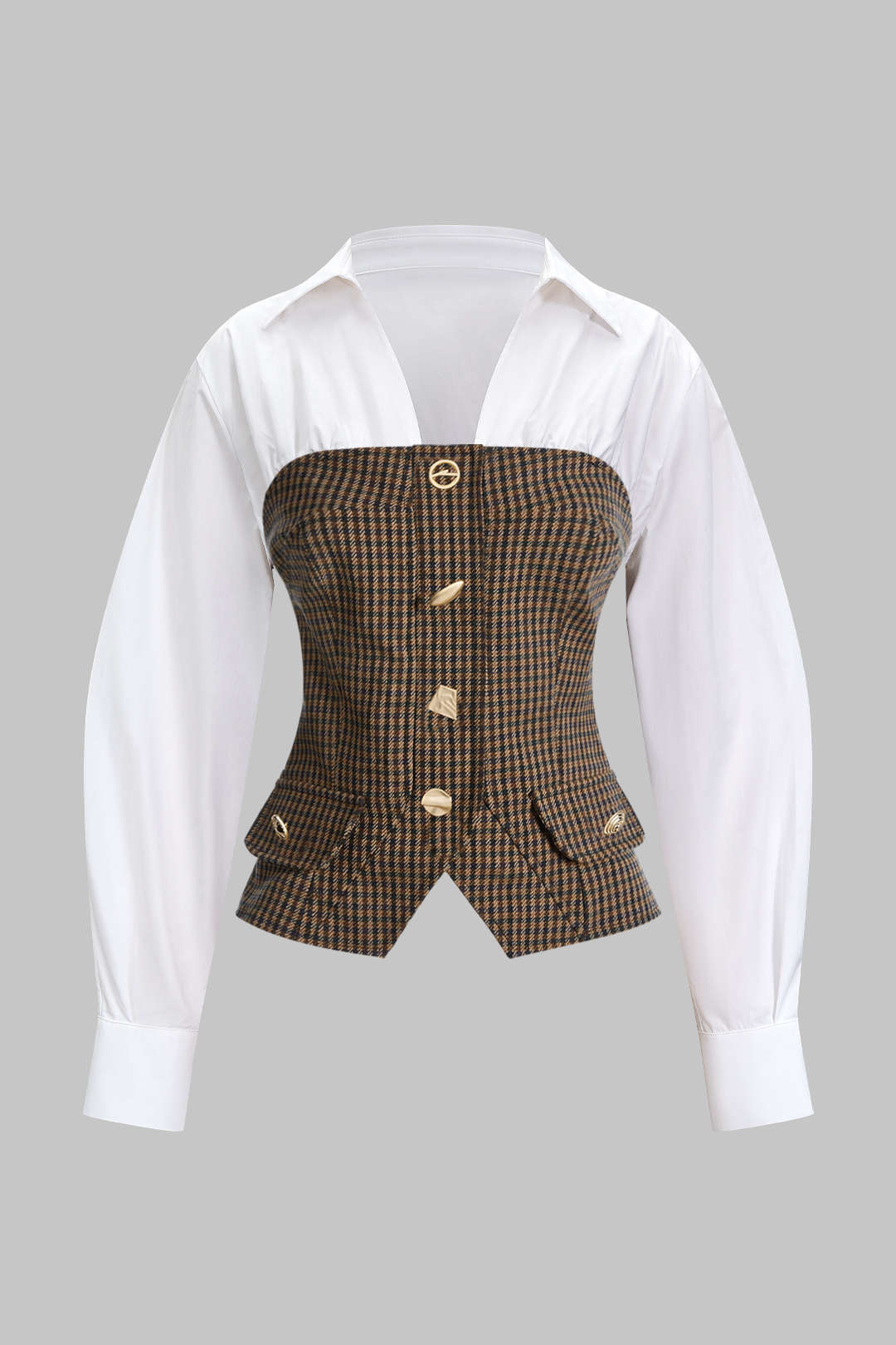 Plaid Print Irregular Button Zipper Long-Sleeved Top - Weenar