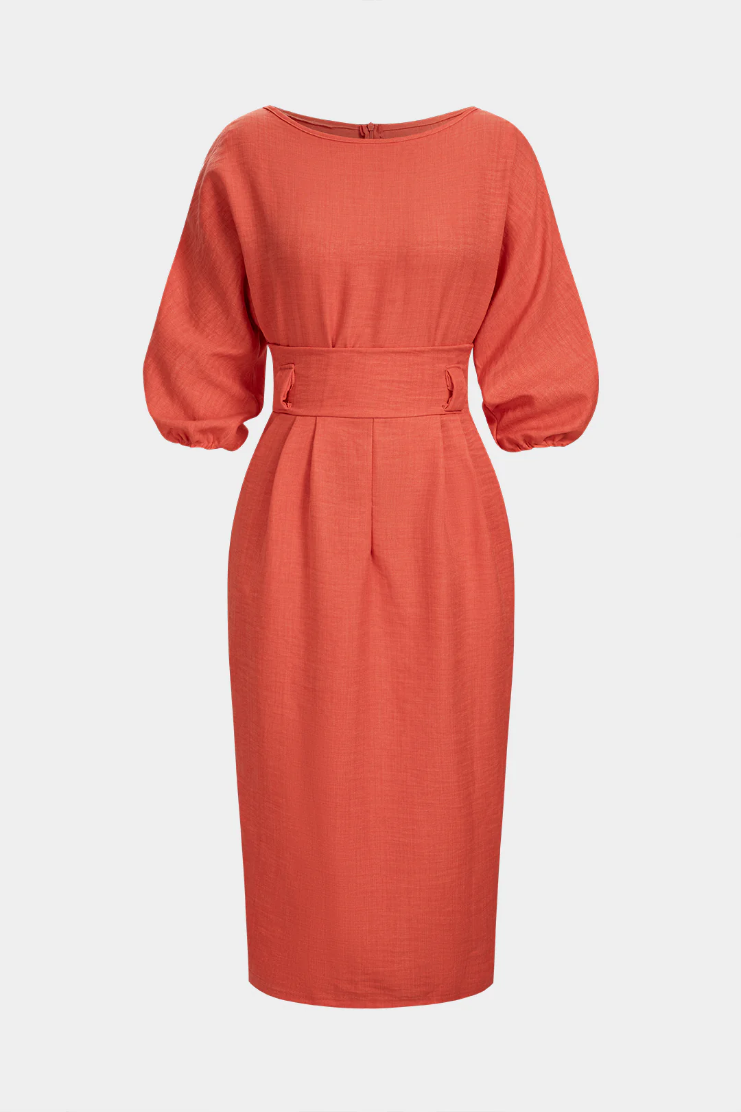 Solid Round Neck Pocket Zipper Long Sleeve Midi Dress - Weenar