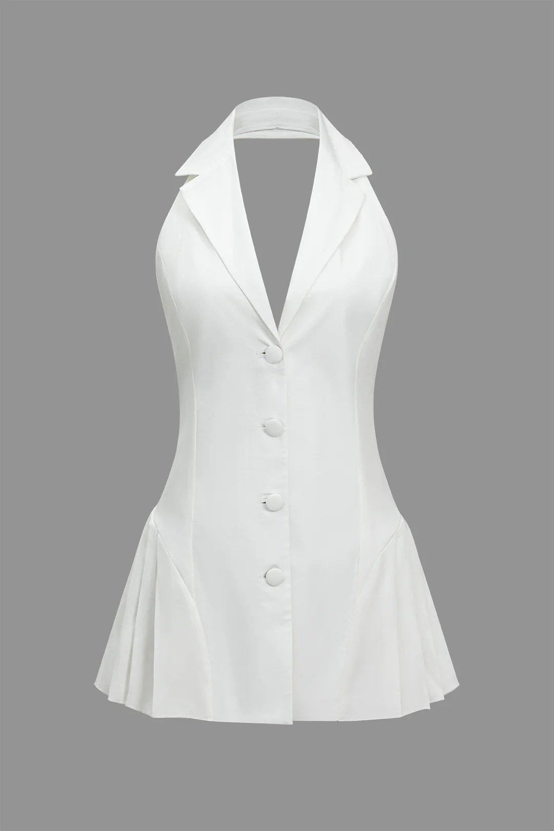 Solid Button Halter Neck Pleated Sleeveless Mini Dress - Weenar