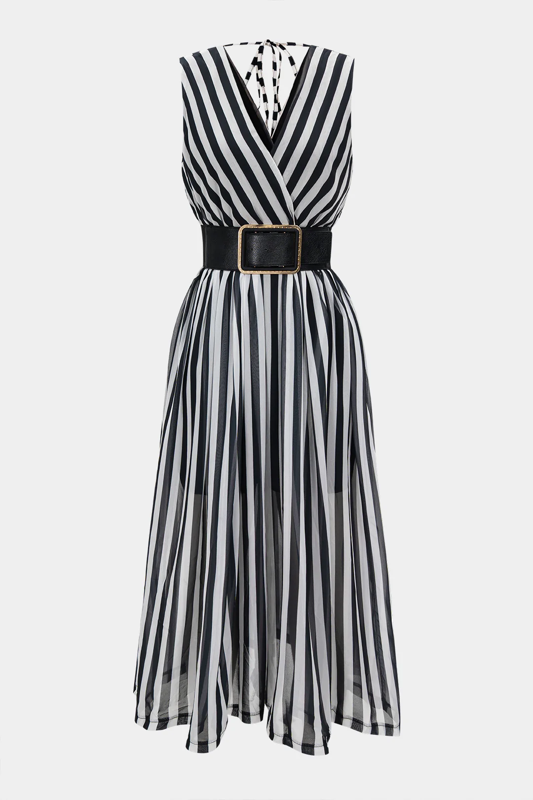 Stripes Print Chiffon Belted Tie Back Sleeveless Jumpsuit - Weenar