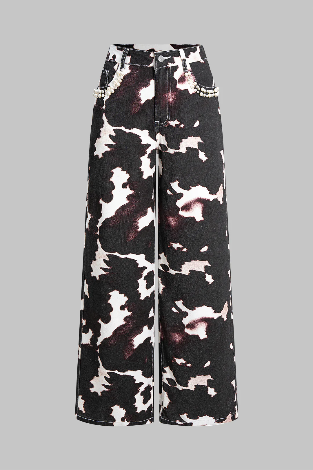 Denim Contrast Print Pearl Decor Jeans - Weenar