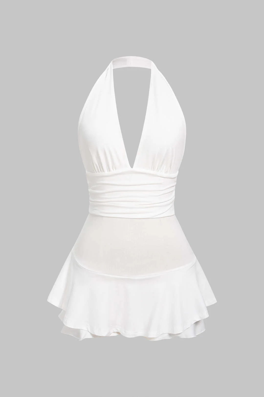 Solid Halter Deep V-Neck Ruched Backless Sleeveless Mini Dress - Weenar