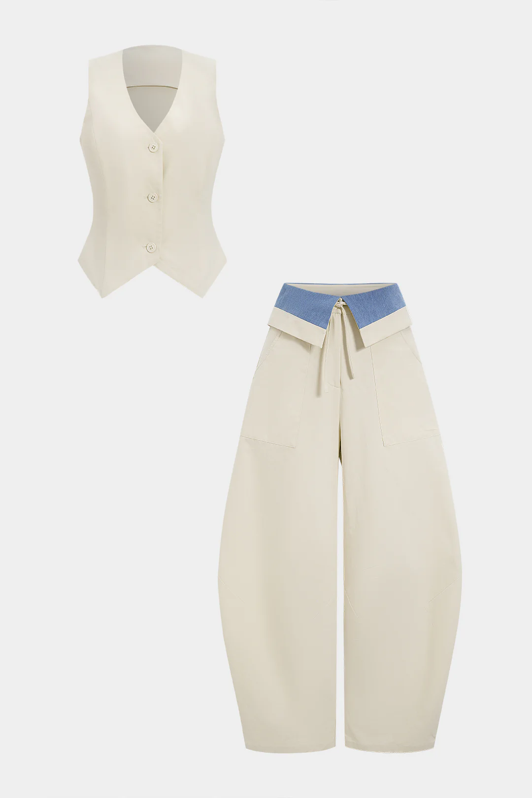 Denim Button Vest And Contrast Drawstring Barrel Trousers Set - Weenar