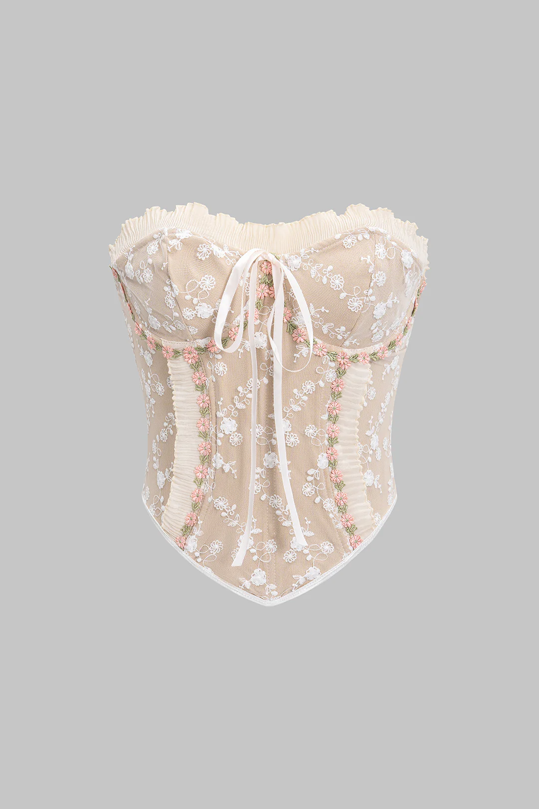 Mesh Embroidery Print Bow Tube Top - Weenar