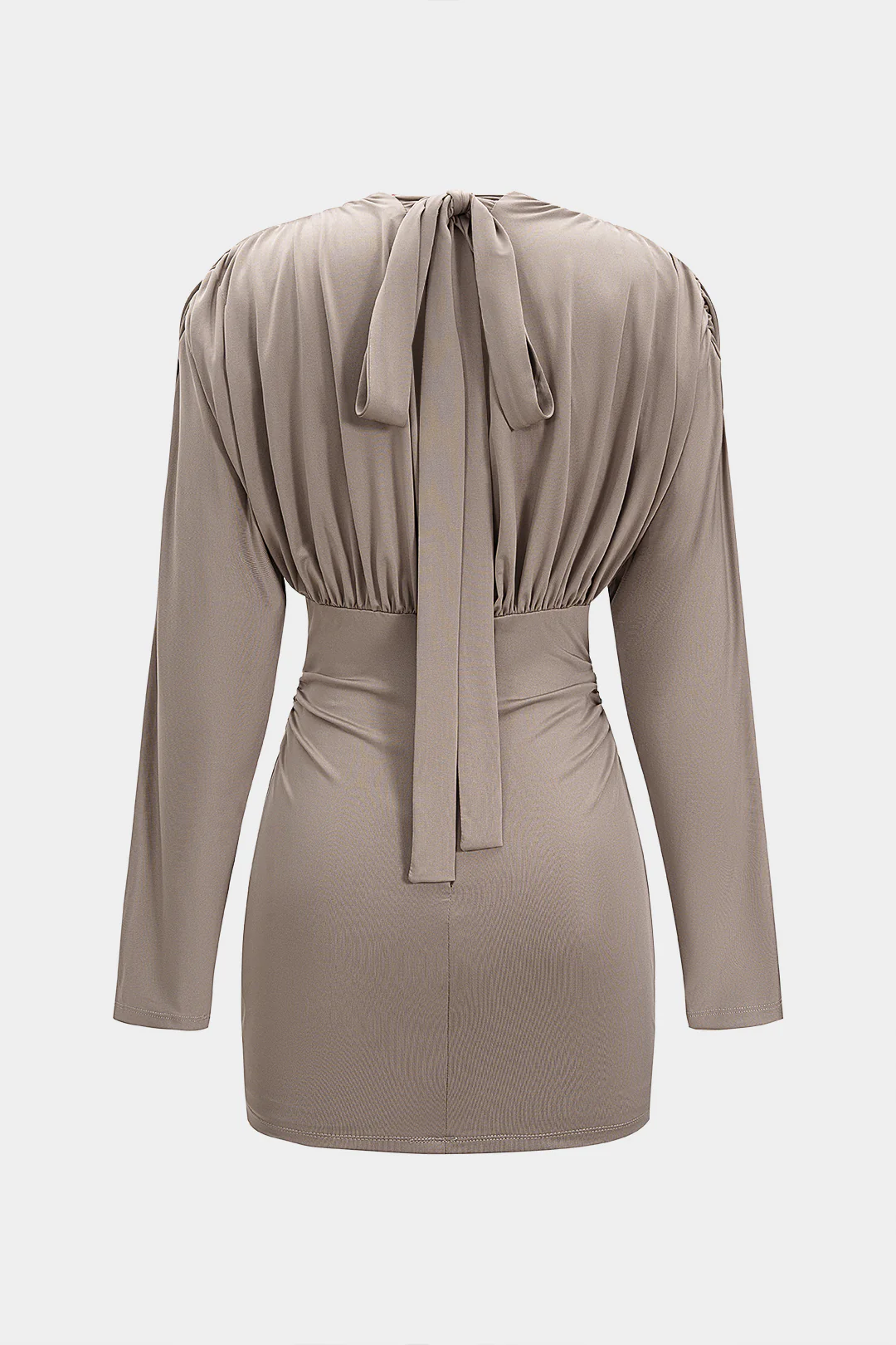 V-Neck Tie Back Ruched Long Sleeve Mini Dress - Weenar
