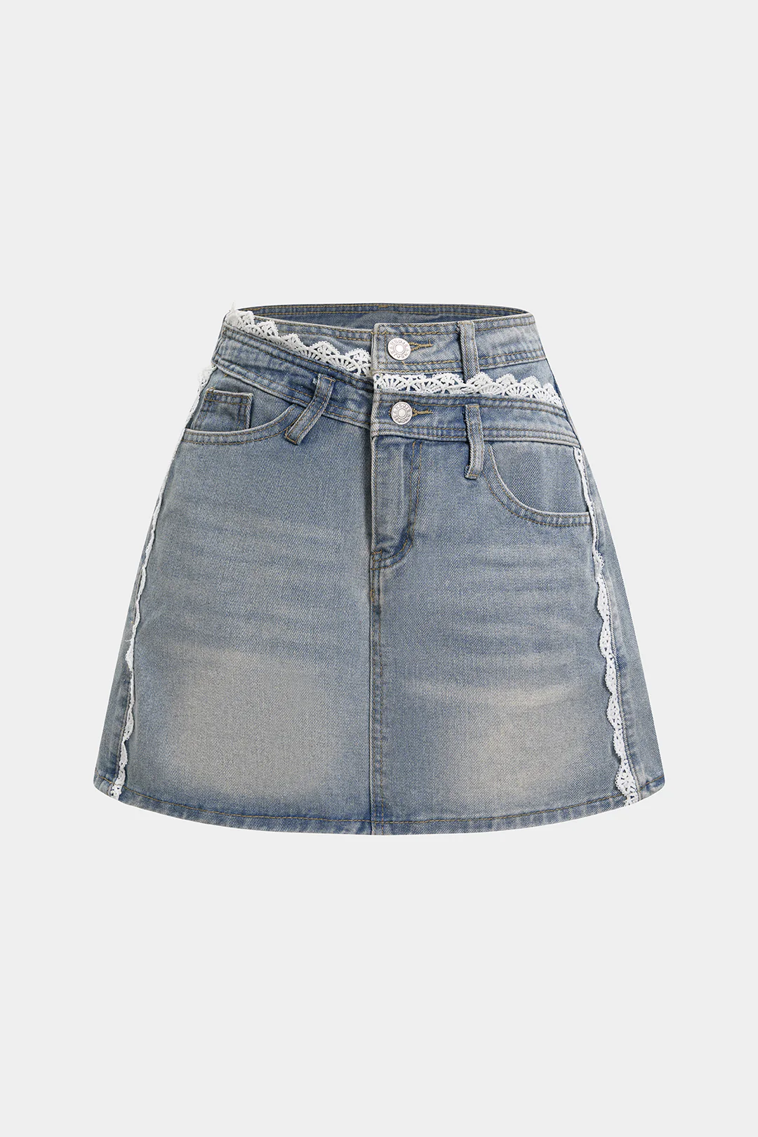 Denim Patchwork Lace Trim Asymmetrical High Waist Skirt - Weenar