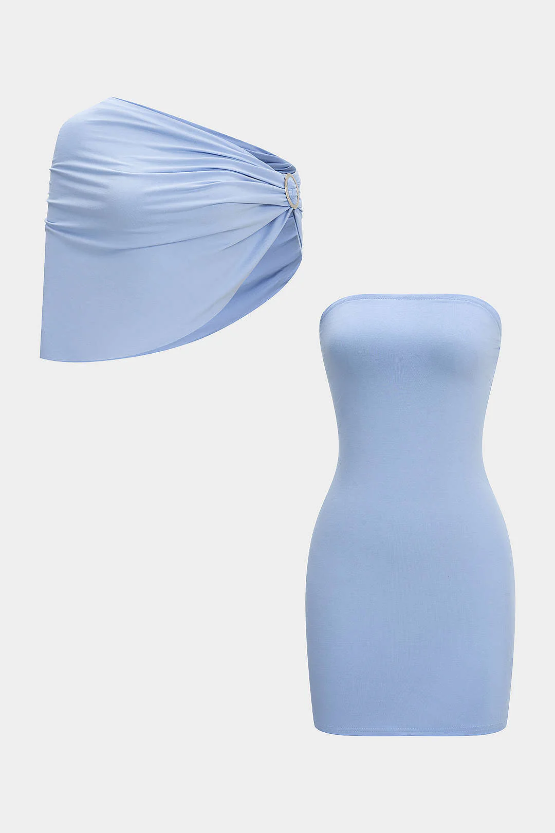 Solid Metallic Decor Asymmetrical Ruched Shawl And Strapless Sleeveless Dress Set - Weenar