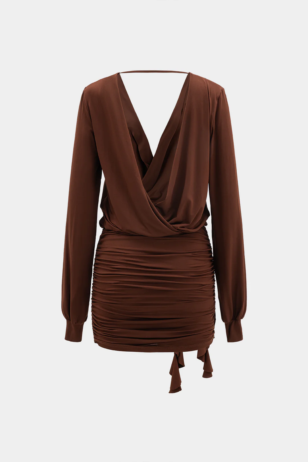 Backless Deep V-Neck Crossed Ruched Long Sleeve Mini Dress - Weenar