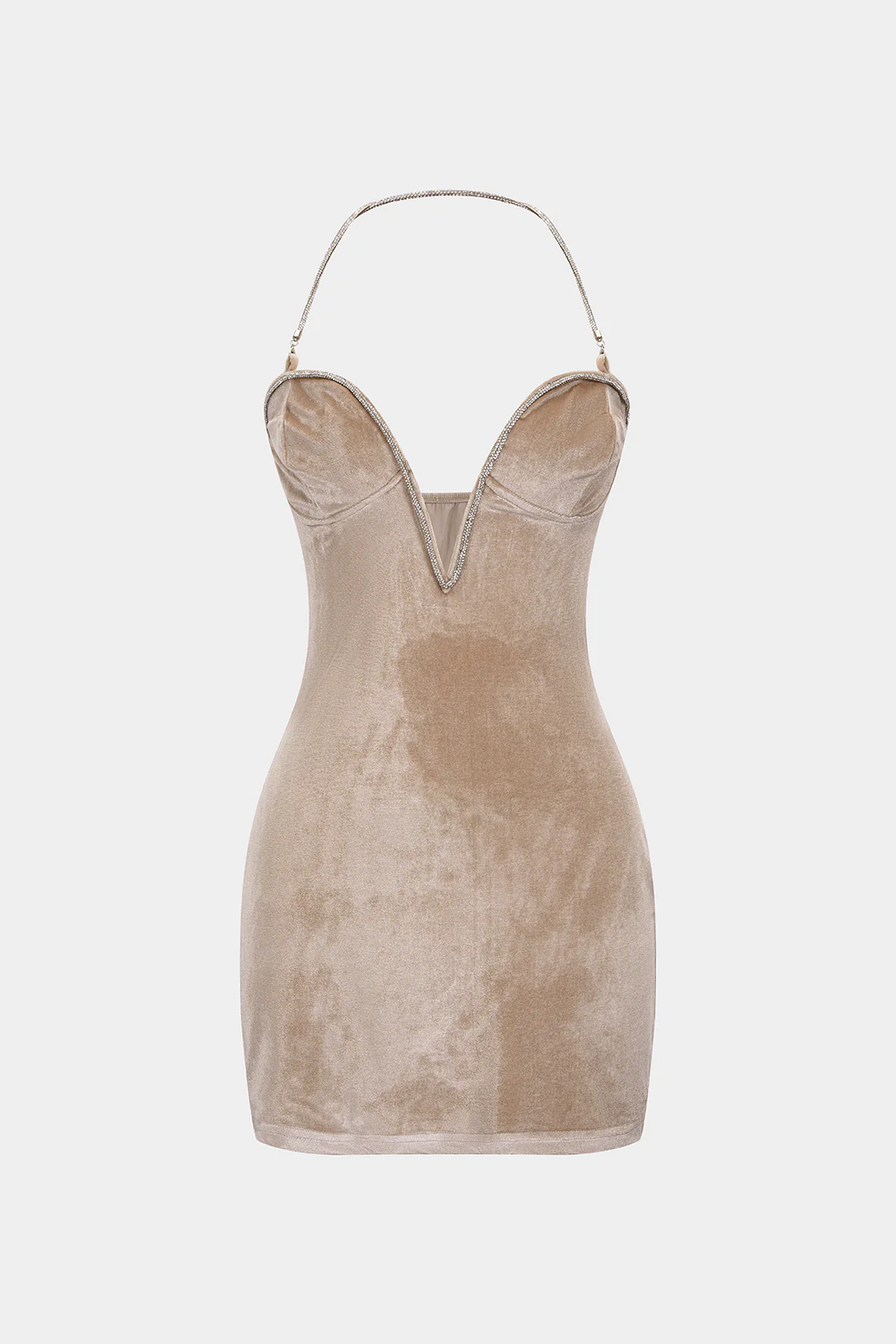 Velvet Halter V-Neck Rhinestone Decor Backless Sleeveless Mini Dress - Weenar