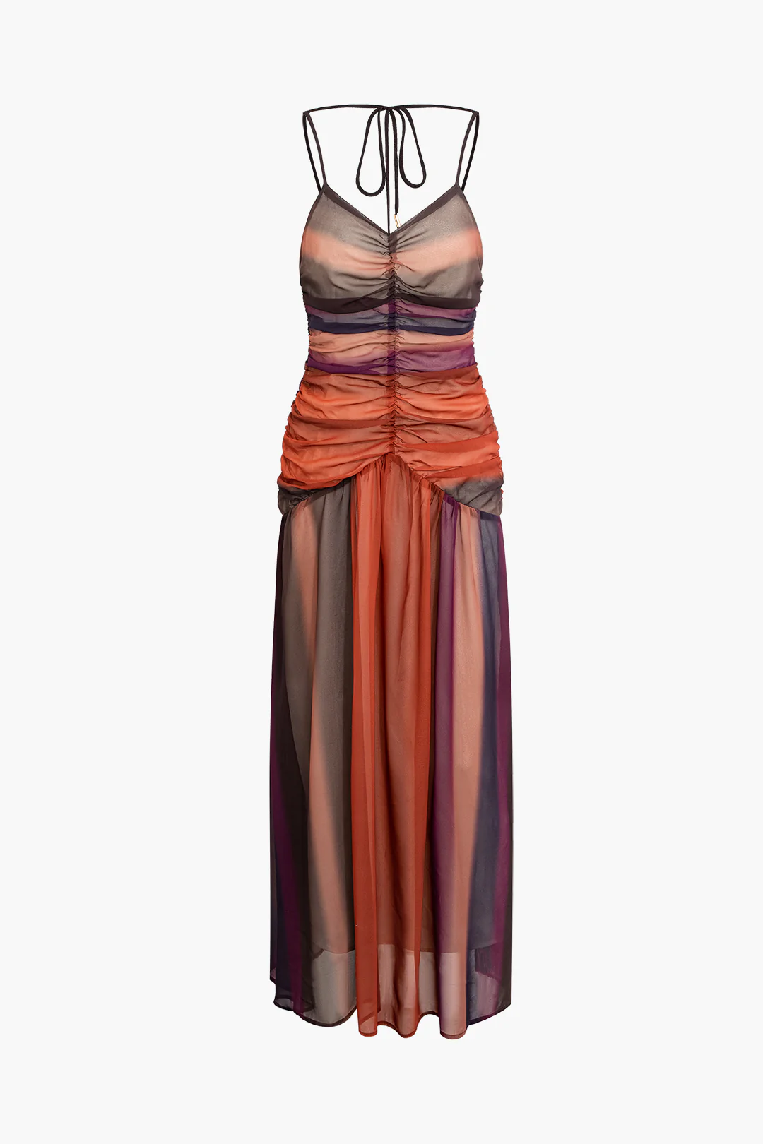 Ombre Print Ruched Backless Tie Up Sleeveless Maxi Dress - Weenar