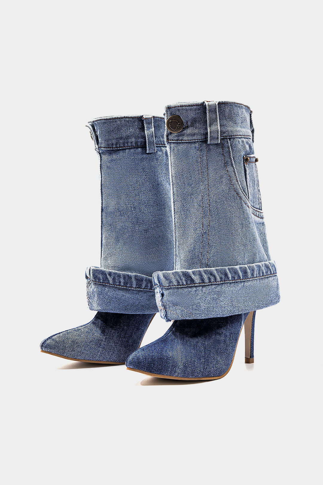 Washed Denim Wrinkled Patchwork Pointed Mid Calf Boots - Weenar