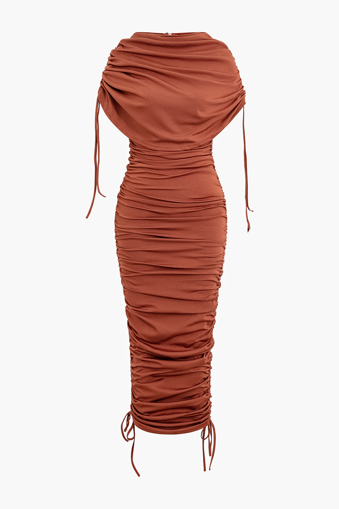 Drawstring Ruched Zipper Sleeveless Midi Dress - Weenar