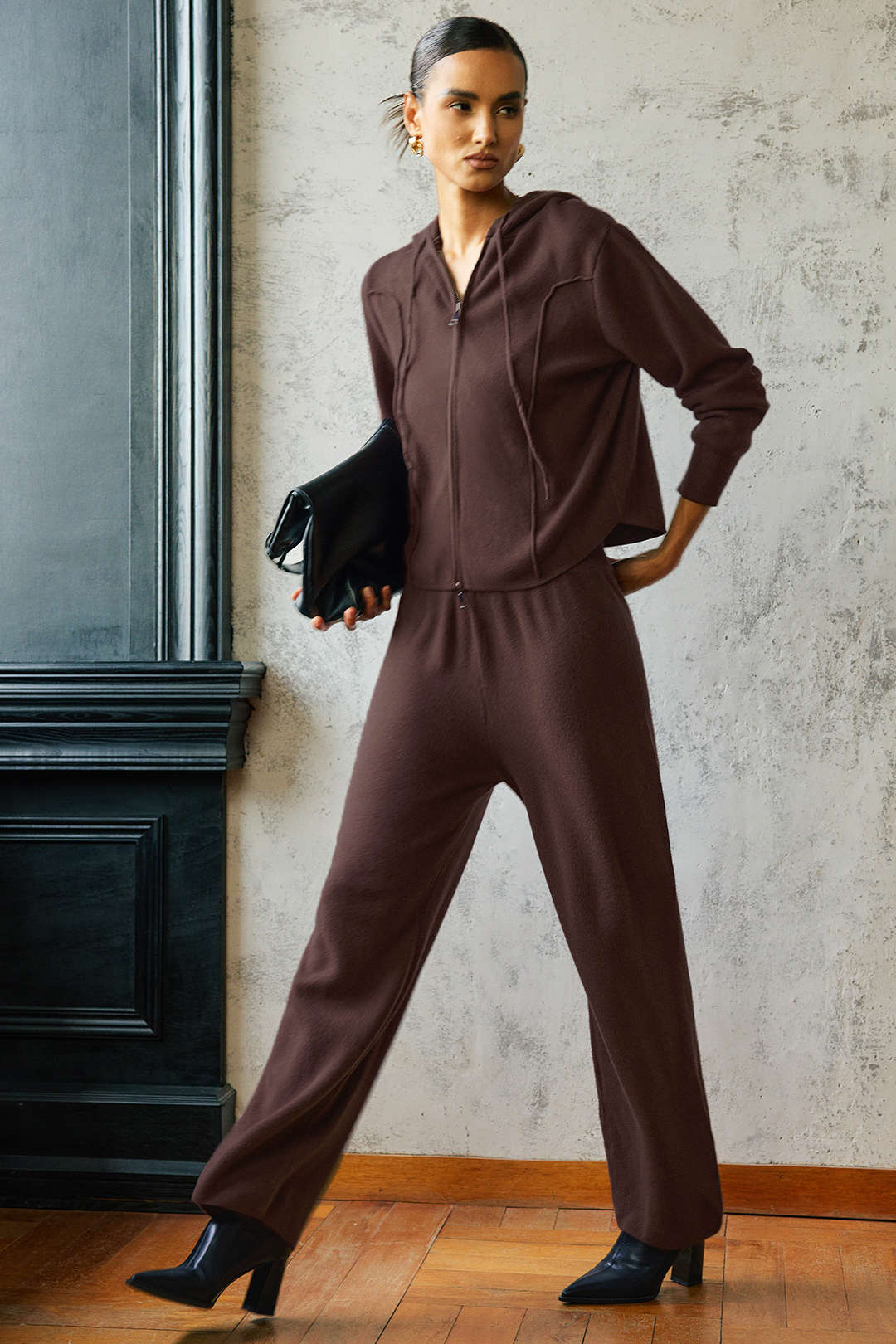 Knit Zipper Hooded Sweater Caedigan And Wide Leg Pants Set - Weenar